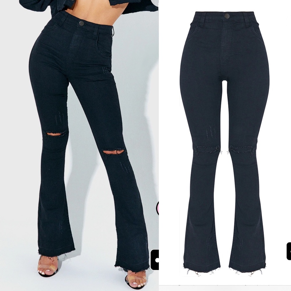 NWT Pretty Little Thing Black Distressed Ripped Knee Flare Jeans Sz 12